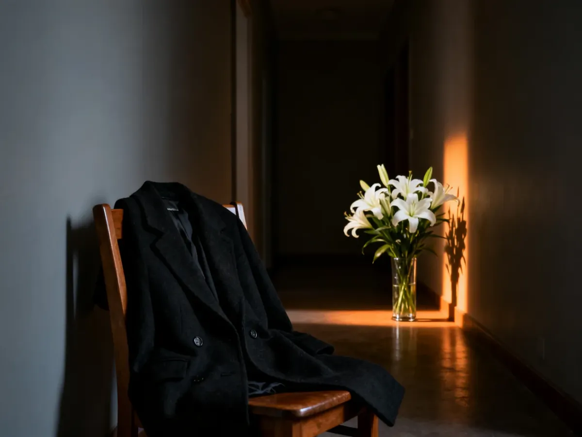 Elegancki czarny płaszcz na krześle oraz bukiet białych lilii w tle, tworzące stonowany i pełen szacunku nastrój.