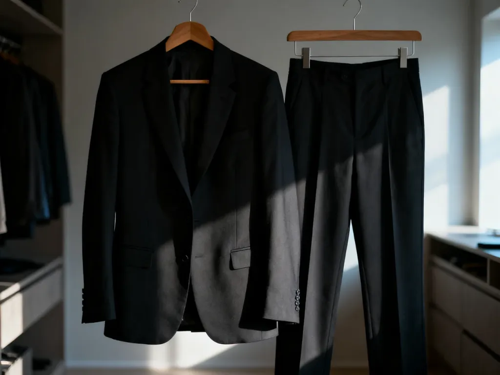 Elegancki czarny żakiet i spodnie na wieszaku, utrzymane w stonowanej, pełnej szacunku stylistyce.