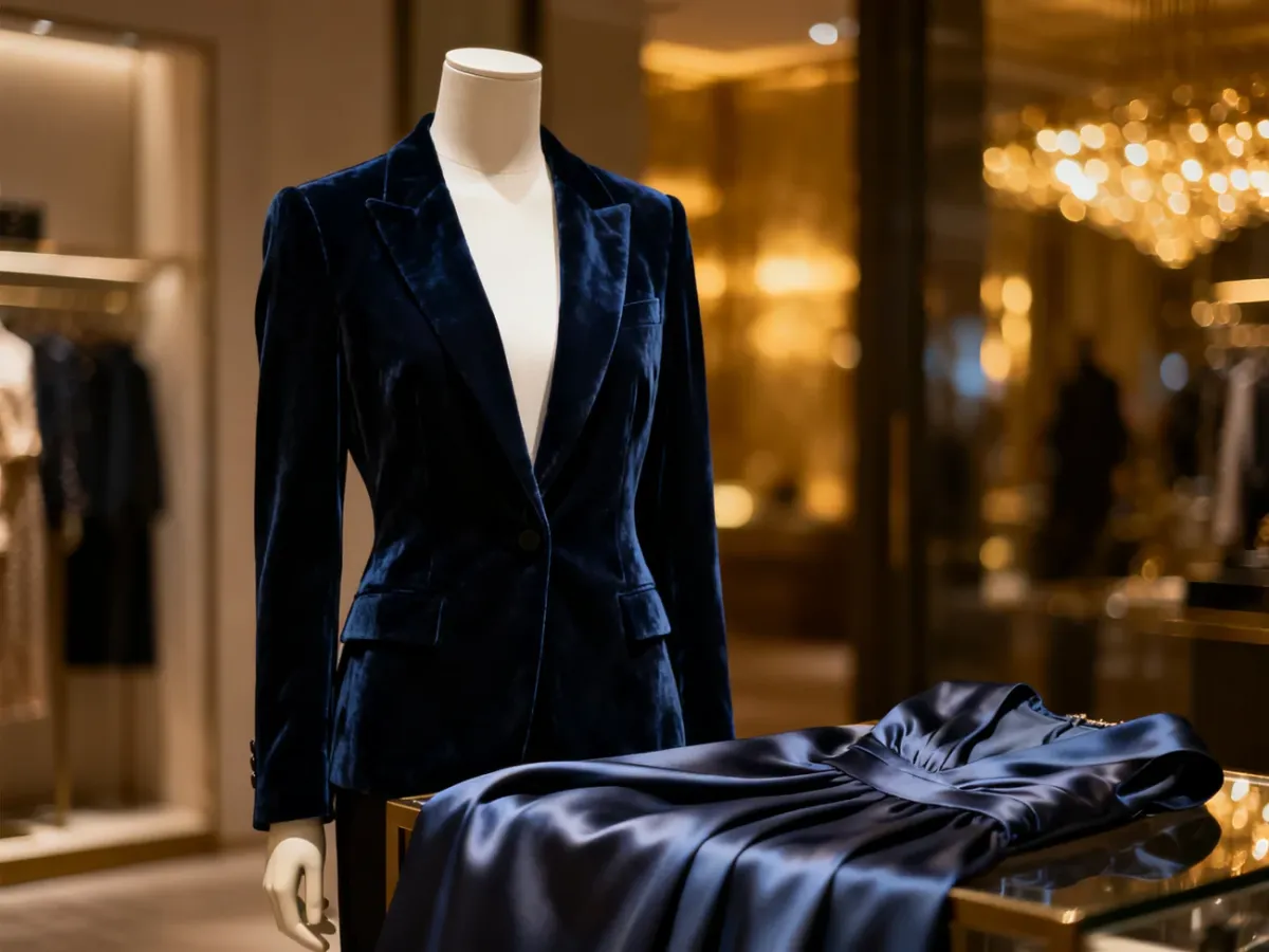 Elegancka stylizacja na 50. urodziny: granatowa marynarka z weluru zestawiona z jedwabną sukienką w luksusowym butiku.