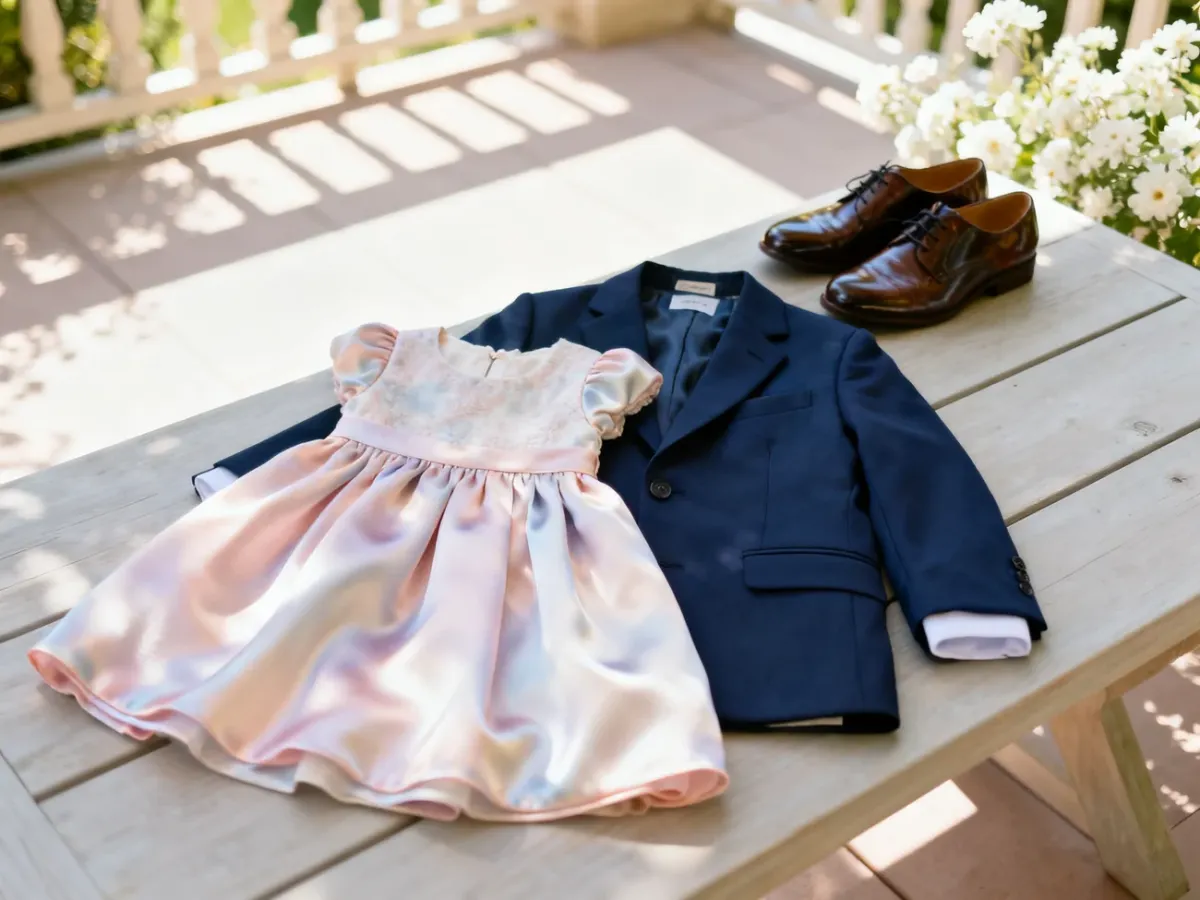 Eleganckie stylizacje na chrzciny: pastelowa sukienka, granatowa marynarka i skórzane buty na jasnym drewnianym tle.