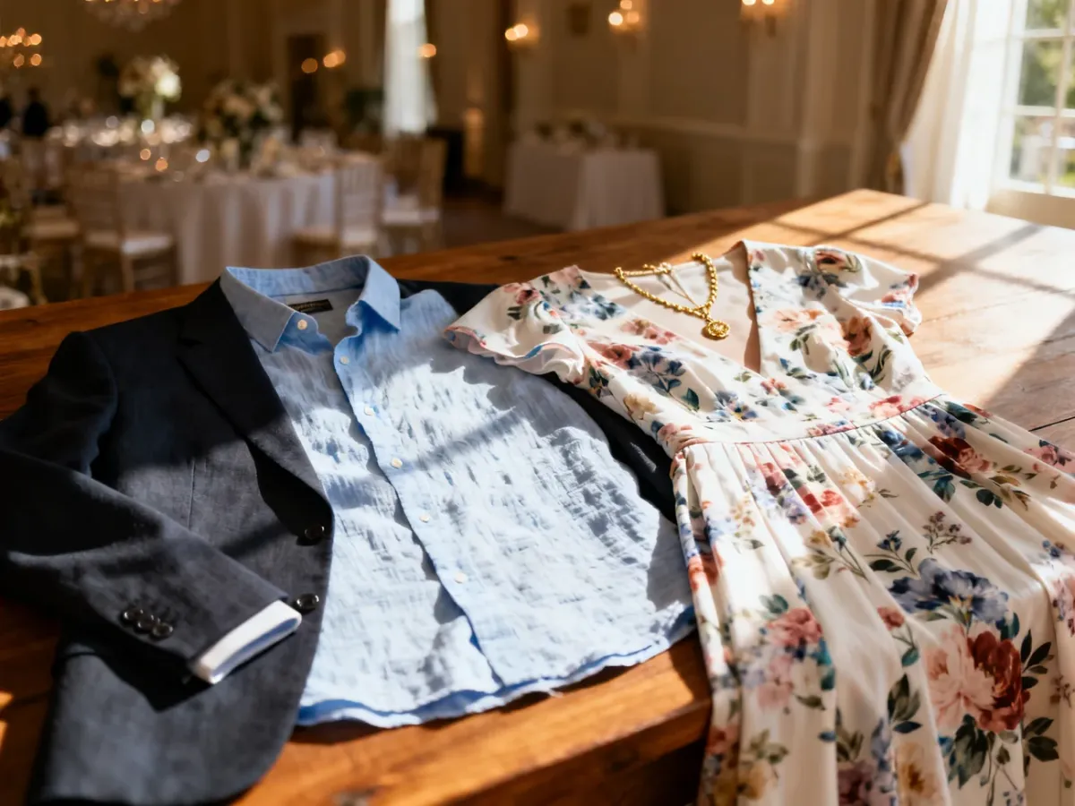 Eleganckie stylizacje na poprawiny: lniana koszula z marynarką dla niego oraz kwiecista sukienka z biżuterią dla niej.