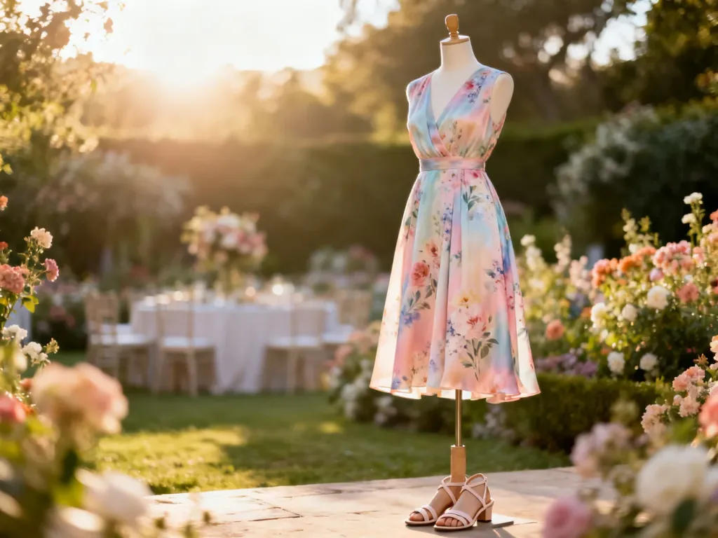 Elegancka, pastelowa sukienka midi w kwiaty na manekinie w ogrodowej scenerii, idealna propozycja na letnie wesele.